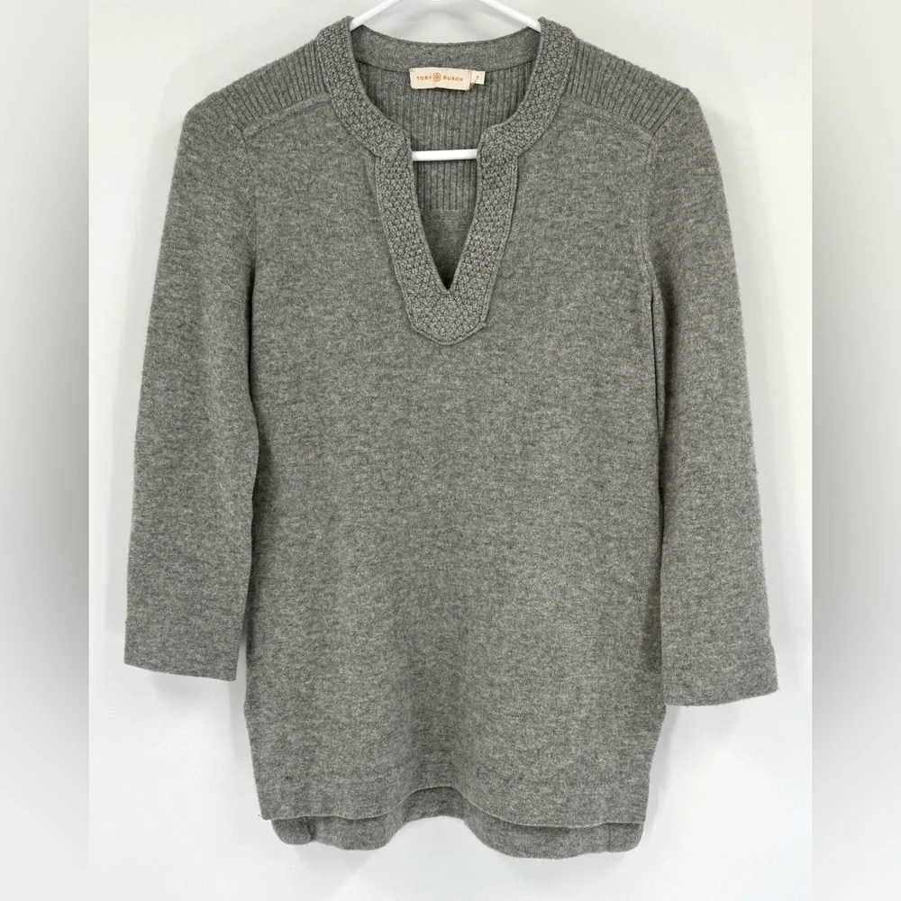Tory Burch Lizzie Tunic V-Neck 100% Cashmere Sweater, Graphite Grey, Size‎ S